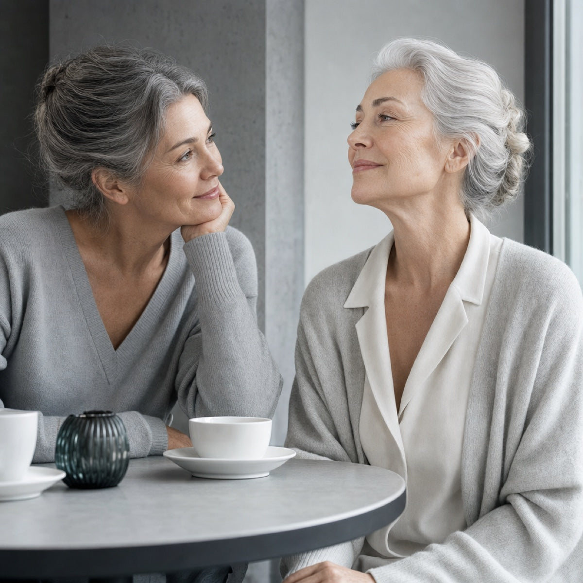 Two friends at a café table, one looking a little longer than usual